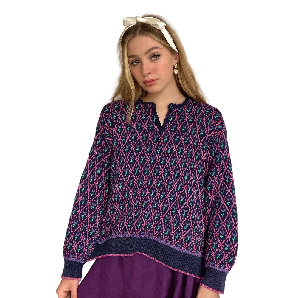 NORTHERN ISLES VTG 90s Floral Fair Isle Knit Sweater Purple Pink‎ Green Size M